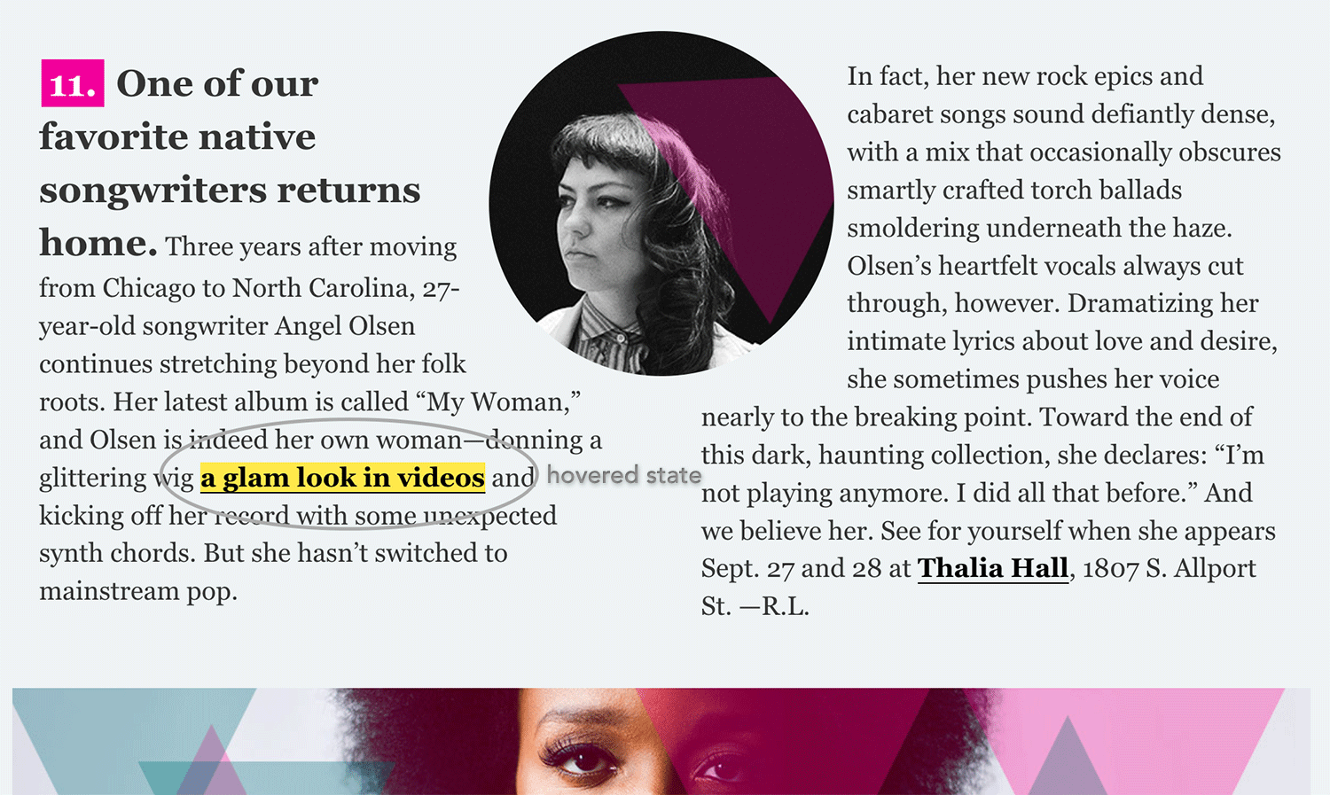 Hovered state examples with celebrity photo in a circle cutout