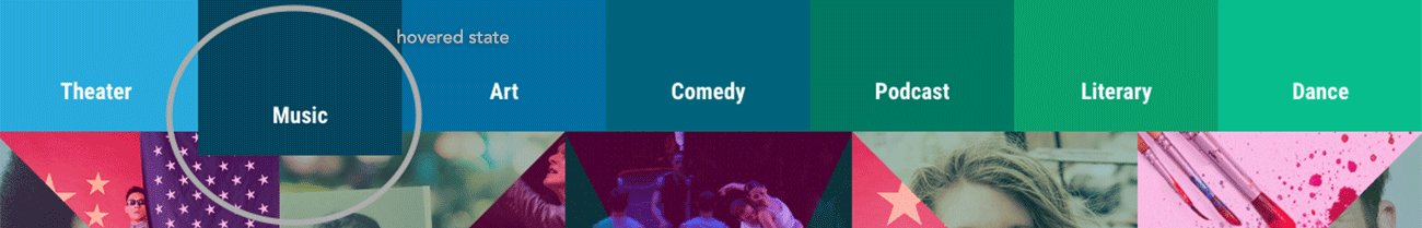 Screenshot of Culture Guide's top navigation. Square boxes with images and 7 named categories